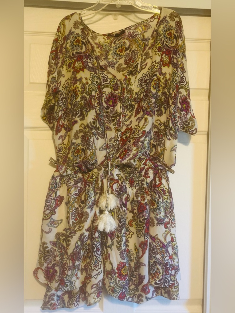 Banana Republic Cream Paisley Tassel Elastic Waist Mini Dress